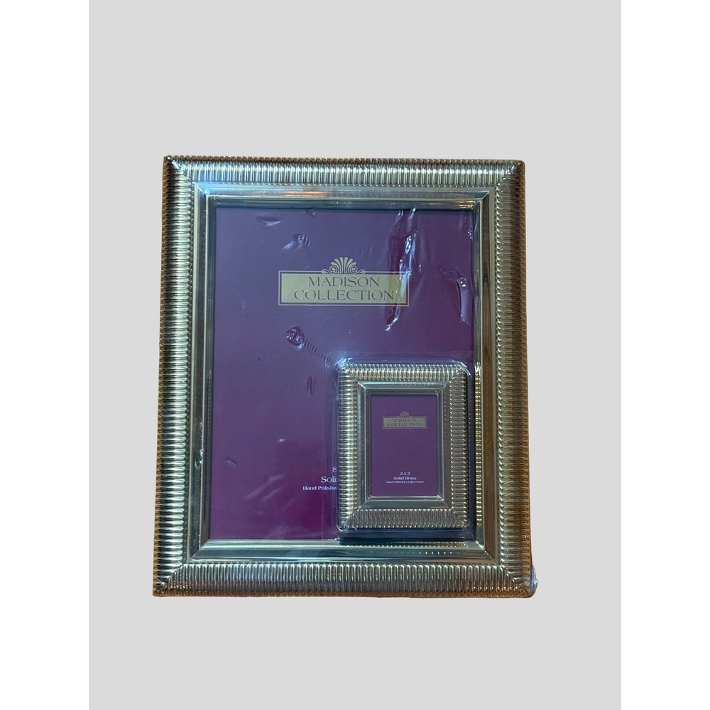 Madison Collection Solid Brass Ribbed Picture Frame Set 8x10 and 2x3 Gold Tone